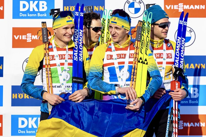 The Ukrainian team on the biathletes' podium