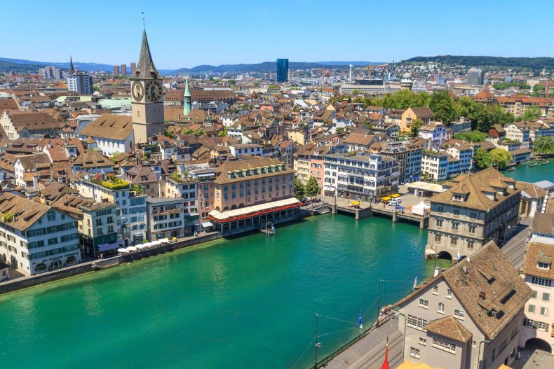 Alps, clock, Trampoline, bucket, Zurich