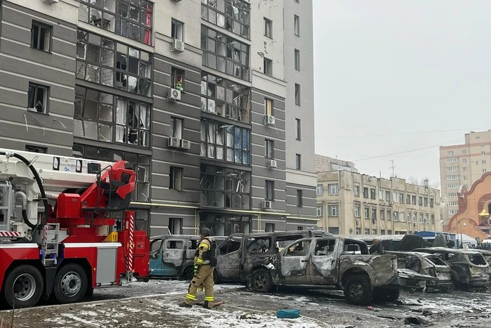 Damaged high-rise building due to drone attack