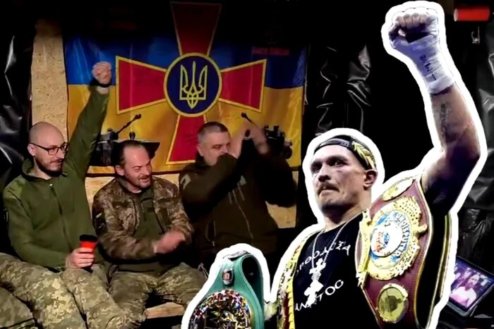 Ukrainian soldiers cheer for Usyk