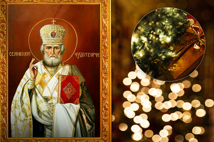 Saint Nicholas in a costume with gifts