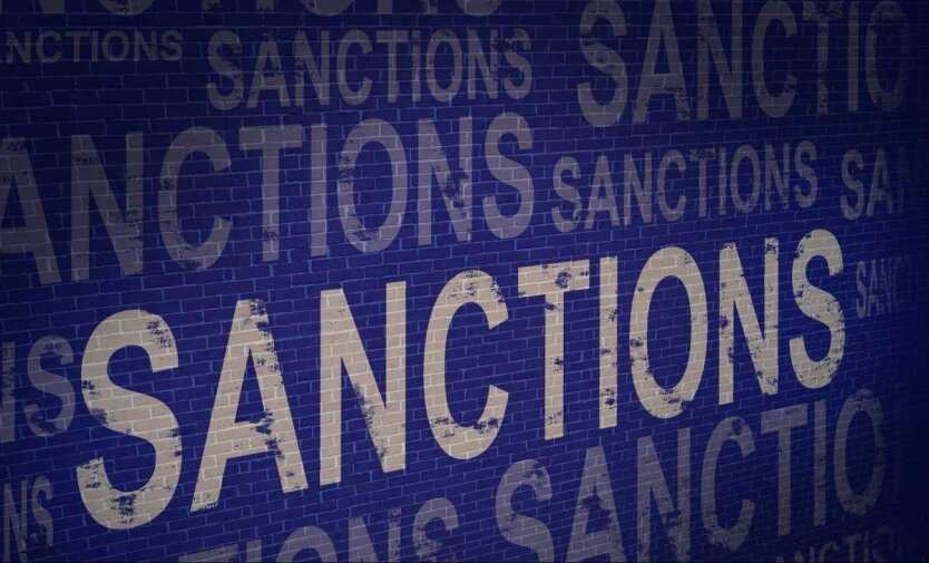 Logos of Russia and Iran with sanctions